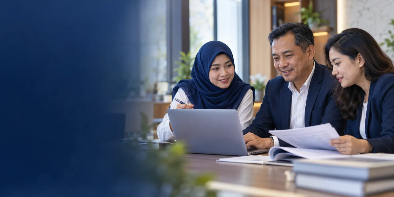 Ilustrasi tiga orang berdiskusi dengan laptop dan dokumen