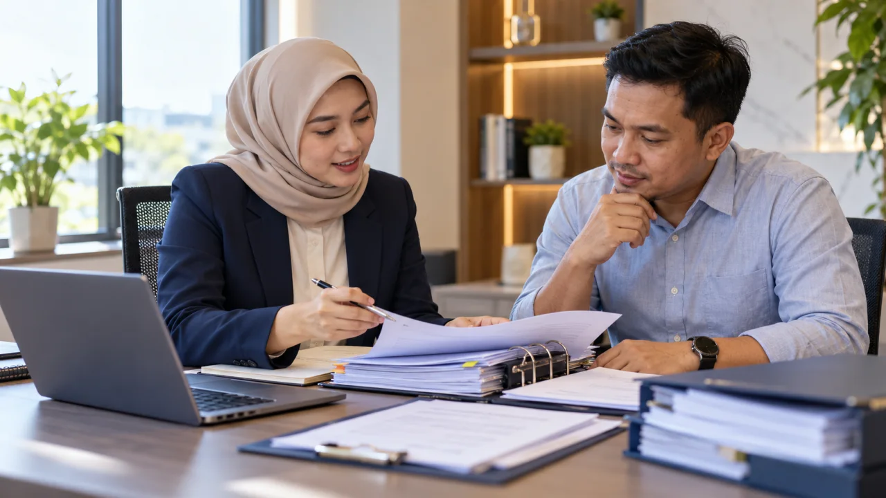 Ilustrasi dua orang menelaah dokumen bersama